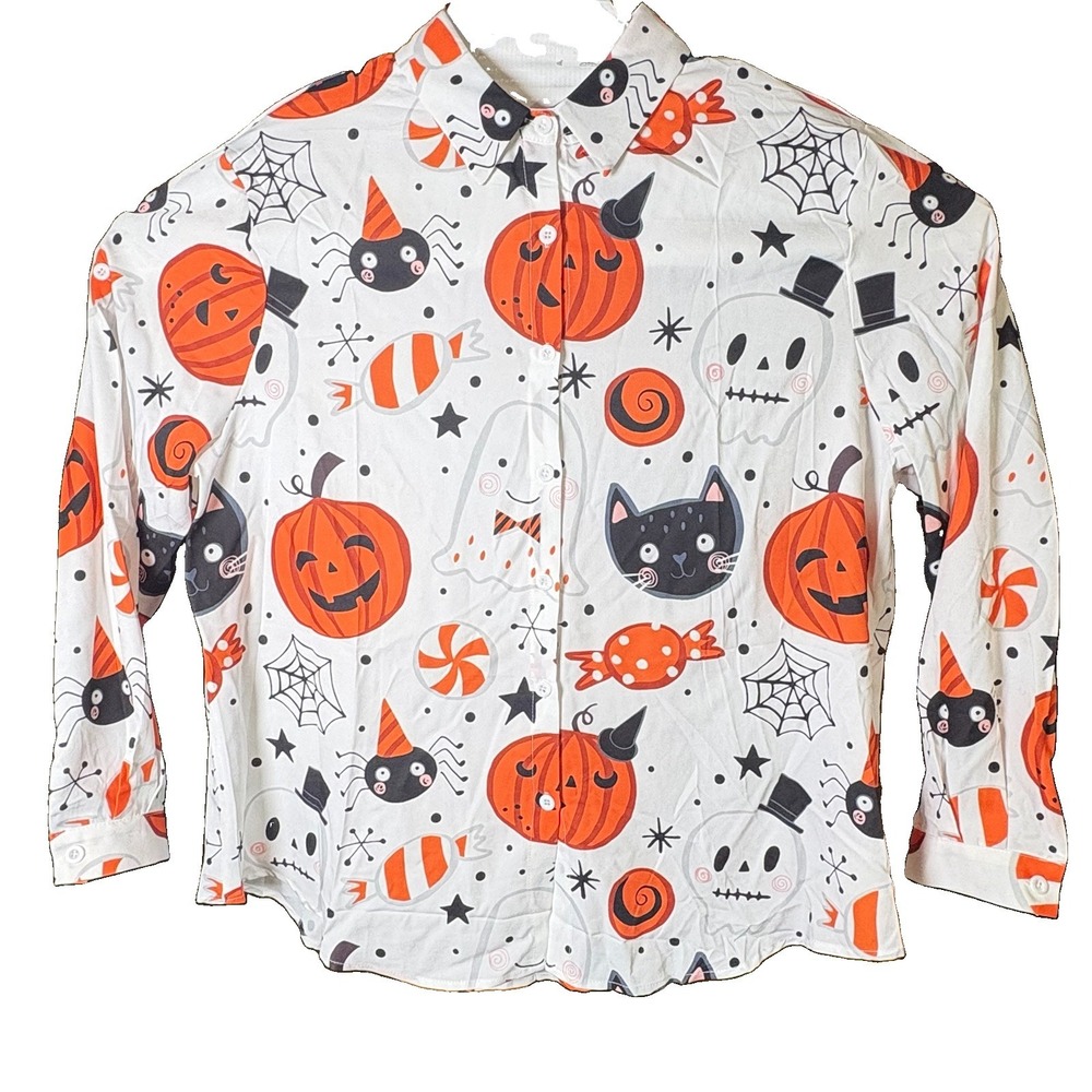 Halloween Button Up Blouse Women's Sz XL Pumpkins Ghosts Cats Long Sleeve T